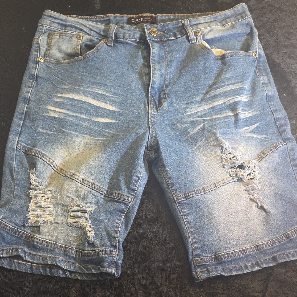 Society Men's Distressed Light Blue Denim Cutoff Shorts